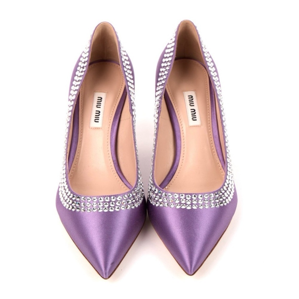 MIU MIU Pastel Lavender Purple Summer Satin Crystal Embellishment Heels 36 NWT